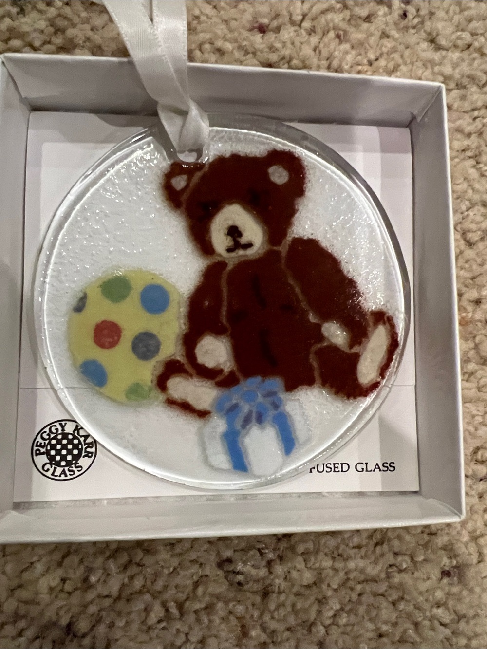 Peggy Karr Glass Brown Teddy Bear Fused Glass Ornament
